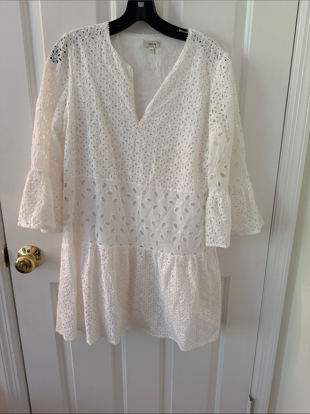 Tyler Boe White Eyelet V-Neck Tiered Mini Dress